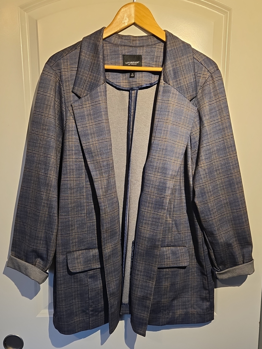 Liverpool Blue and Gray Plaid Open Blazer